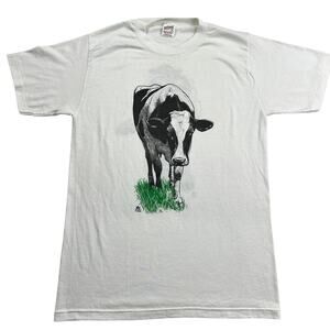 LSJ sportswear Cow Grass Print Front & Back T-Shirt Size medium USA 1983 single